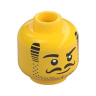 Minifig Head, Johnny Thunder, Black Striped Sideburns, Stubbled Beard, Curly Mustache Gelb