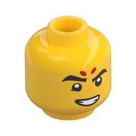 Minifig Head Nezha, 2 Red Dots on Forehead, Eyebrows, Smirk / Angry Print Gelb