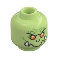 Minifig Head Nine-Headed Demon, Bright Green Wrinkles, Orange Eyes, Fangs, Closed Mouth / Open Mouth Print Yellowish Green