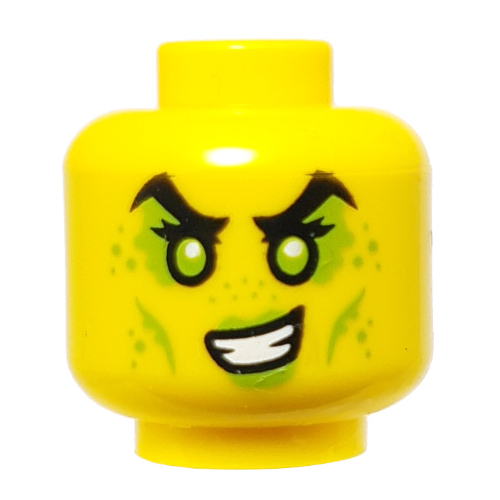 Minifig Head Tox, High Black Eyebrows, Lime Eyes, Markings, Crooked Smile print Gelb