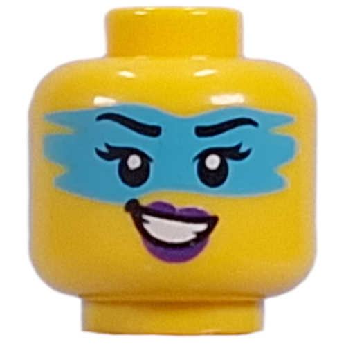 Minifig Head Zoey, Dark Azure Face Paint, Dark Purple Lips, Lopsided Open Mouth Smile/Lopsided Grin Yellow