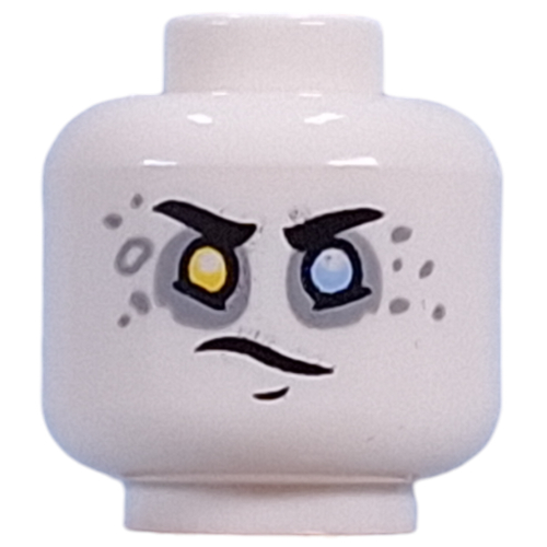 Minifig Head Dooper, Yellow Left, Bright Light Blue Right Eye, Light Bluish Grey Eyeshadow, Spots, Yellow Teeth Smile/Lopsided Smirk White