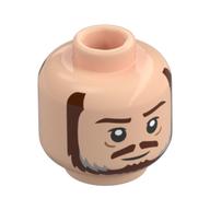 Minifig Head Qui-Gon Jinn, Dark Brown Eyebrows, Moustache, Beard, Dark Bluish Grey Streaks, Wrinkles, Closed Mouth / Angry Open Mouth Print Hellnougat