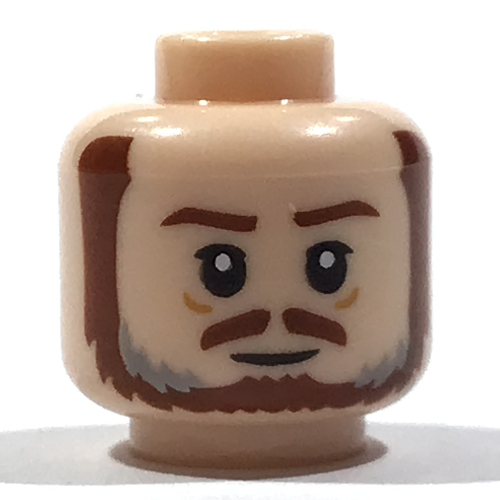 Minifig Head Qui-Gon Jinn, Reddish Brown Eyebrows, Moustache, Beard, Dark Bluish Grey Streaks, Wrinkles, Closed Mouth / Angry Open Mouth Print in 