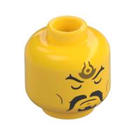 Minifig Head Li Jing, Gold Symbol on Forehead, Black Eyebrows, Moustache, Goatee, Closed Eyes, Mouth/Open Eyes, Mouth Yellow