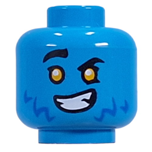 Minifig Head Logan, Blue Fur, Yellow eyes, Raised Eyebrows, Lopsided Grin/Red Eyes, Angry Grin Dark Azure