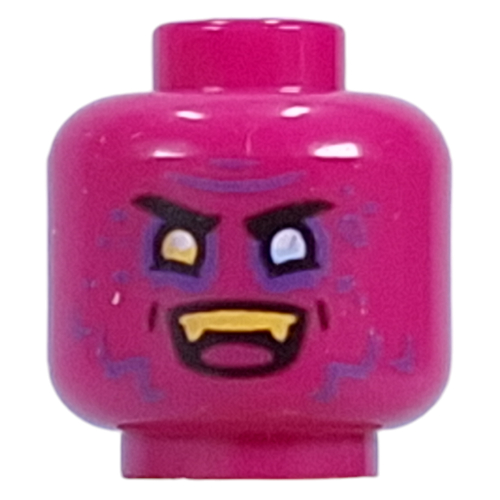 Minifig Head Dogan, Yellow Left, Bright Light Blue Eye, Dark Purple Lines, Yellow Teeth, Fangs, Angry Smile/Grin Magenta