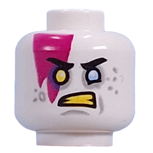 Minifig Head Madteo, Magenta Lightning Bolt, Yellow Left, Bright Light Blue Right Eye, Light Bluish Grey Eyeshadow, Spots, Yellow Teeth, Means Smile/Angry Weiß