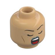 Minifig Head Elf Bard, Thin Black Eyebrows, Metallic Blue Lips, Open Mouth Smile/Closed Eyes, Open Mouth Singing Warm Tan