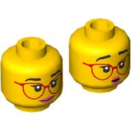 Minifig Head, Black Eyebrows, Red Glasses, Pink Lips, Smile/Surprised Yellow