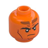 Minifig Head Tiefling Sorcerer, Thick Black Eyebrows, Dark Red Lips, Dark Orange Markings, Lopsided Smile/Angry, Stern Orange