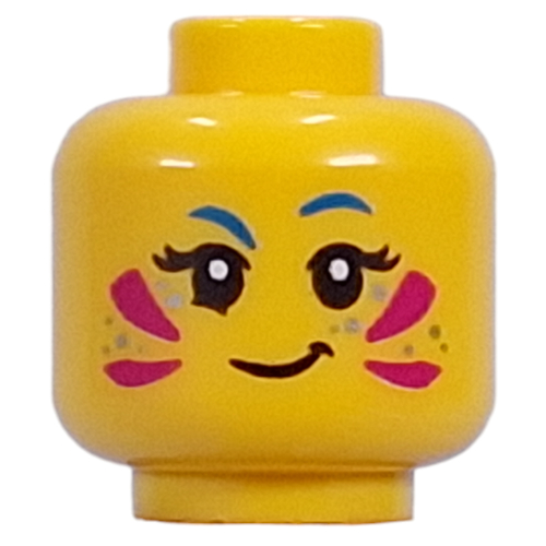 Minifig Head Izzie, Magenta Face Paint, Silver Sparkles, Blue Eyebrows, Smirk/Open Mouth Smile Yellow