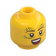 Minifig Head Gith Warlock, Gold Decorations, Thin Black Eyebrows, Peach Lips, Open Mouth Smile/Angry, Stern Yellow