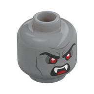 Minifig Head Strahd von Zarovich, Black Eyebrows, Red Eyes, Dark Bluish Grey Lines, Raised Eyebrow, Lopsided Smile/Angry Snarl, Fangs Light Bluish Gray