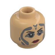 Minifig Head Morgan Elsbeth, Dark Bluish Grey Tattoos, Black Eyebrows, Dark Red Lips, Stern/Angry Warm Tan
