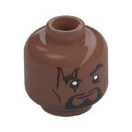 Minifig Head Bishop, 'M' Shaped Scar, Black Bear, Moustache, Smirk/Angry with Metal Pink Eyes and Lightning Print Medium Brown
