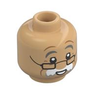Minifig Head Geppetto, Dark Bluish Grey Eyebrows, Thick White Moustache, Black Glasses, Smile/Concerned Warm Tan