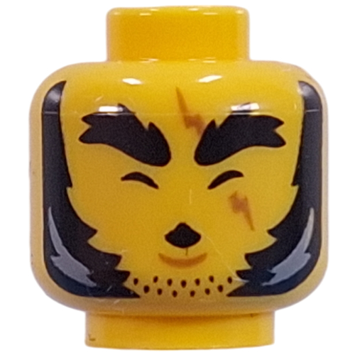 Minifig Head, Thick Black Eyebrows, Sideburns, Stubbled Beard, Scar Across Eye, Mean Stare, Crooked Mouth with Fang / Closed Eyes, Whistling Gelb