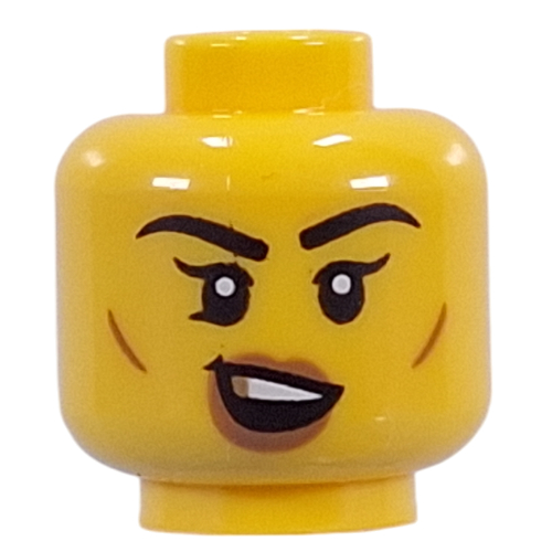Minifig Head Nougat Lips, Cheek Lines, Open Mouth Crooked Smile, Gold Tooth / Closed Mouth Crooked Smile Gelb