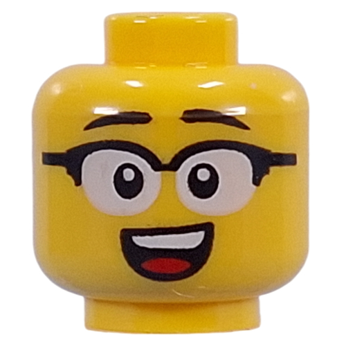 Minifig Head White Glasses, Black Frame, Open Mouth Smile / Worried, Crooked Glasses, Scratch Marks Gelb
