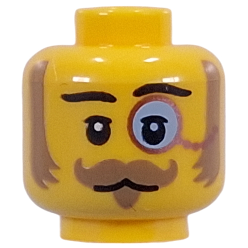 Minifig Head Nougat Sideburns, Curled Mustache, Goatee, Copper Monocle Gelb