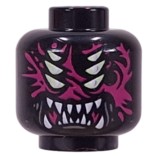 Minifig Head Arika, 6 Yellowish Green Eyes, Magenta Patterns, White Sharp Teeth/Fangs Print Black