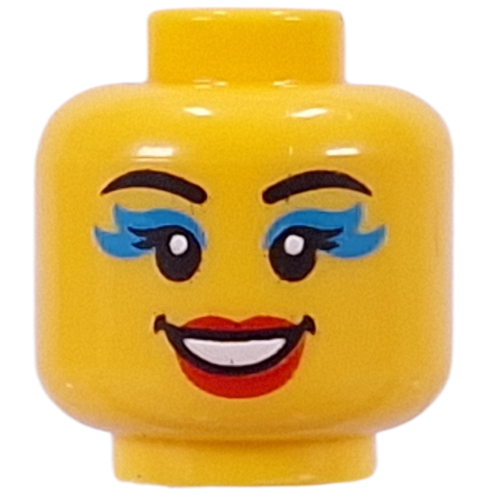 Minifig Head Black Eyebrows, Dark Turquoise Eyeshadow, Red Lips, Open Mouth Smile / Scream Yellow
