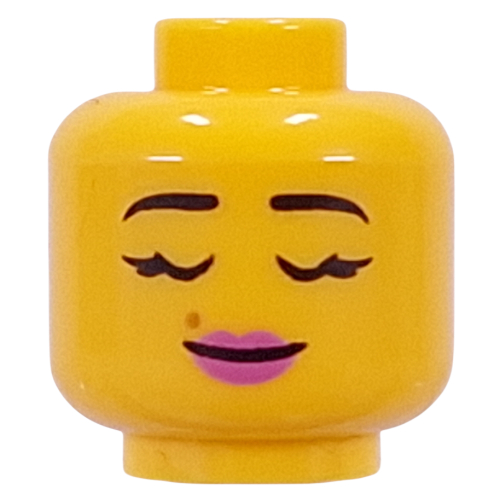 Minifig Head Black Eyebrows, Eyelashes, Dark Pink Lips, Beauty Marks, Smirk / Closed Eyes Yellow