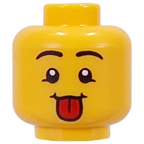 Minifig Head Black Eyebrows, Tongue Sticking Out, Squint / Bandage, Open Mouth, Chipped Tooth Yellow