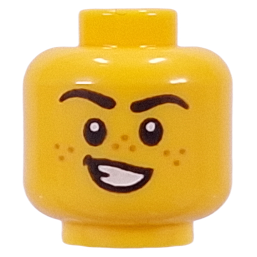 Minifig Head Black Eyebrows, Freckles, Lopsided Smile, Teeth / Scream (Roar) Yellow