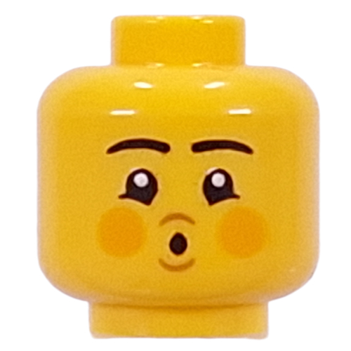 Minifig Head Black Eyebrows, Cheeks, Open Mouth Smile / Blowing Yellow