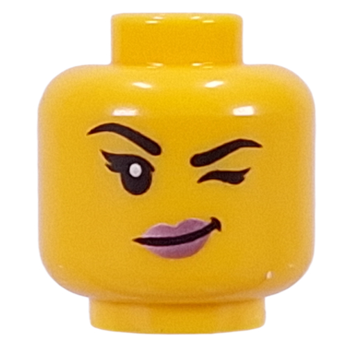 Minifig Head Black Eyebrows, Eyelashes, Metal Pink Lips, Wink / Lopsided Smile Yellow