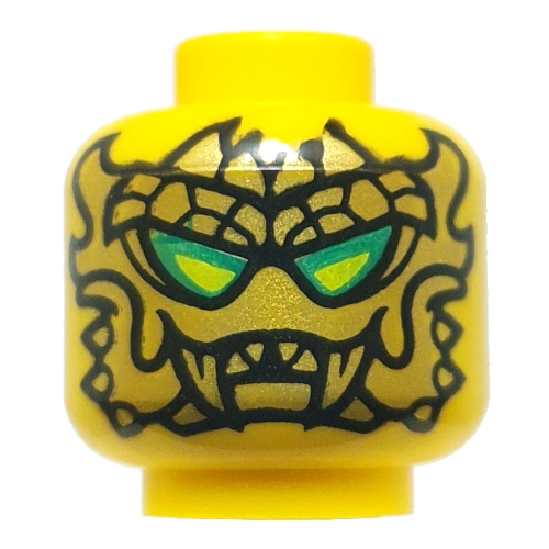 Minifig Head Loyalist Leader, Gold Mask, Lime/Dark Green Eyes / Black Glasses with Lime Lenses, Coral Lips, Gold Markings, Smirk Yellow