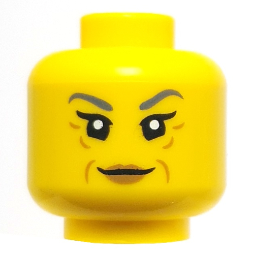 Minifig Head Mystake, Dark Bluish Grey Eyebrows, Nougat Wrinkles, Lips, Smile Gelb