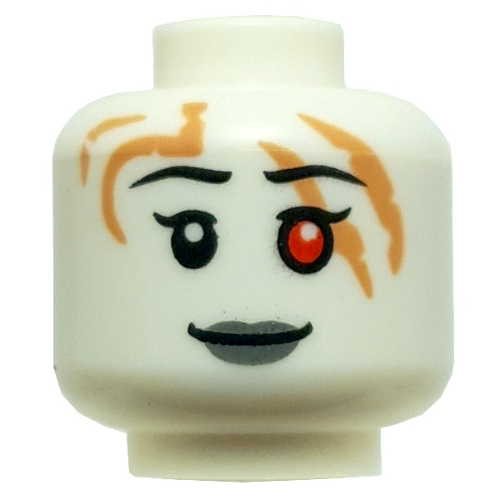 Minifig Head Faith, Red Right Eye, Dark Bluish Grey Lips, Medium Nougat Streaks/Scars White