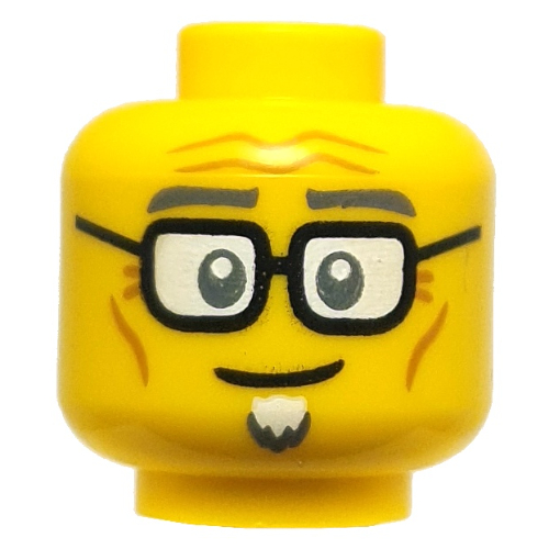 Minifig Head Mailman, Dark Bluish Grey Eyebrows, White Goatee, Black Glasses, Wrinkles Gelb