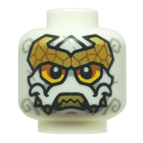 Minifig Head Loyalist, Yellow/Orange Eyes, Light Bluish Grey Markings, Gold Tiara, Sharp Teeth, Neutral / Fangs White