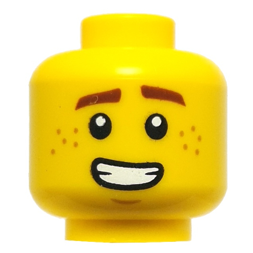 Minifig Head Jay, Reddish Brown Eyebrows, Freckles, Open Mouth Smile / Angry Teeth Gelb
