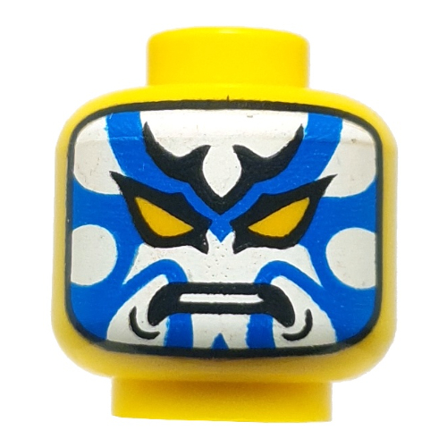 Minifig Head Kabuki Harumi, White/Blue Face, Angry / Reed Face, Crooked Smile Yellow