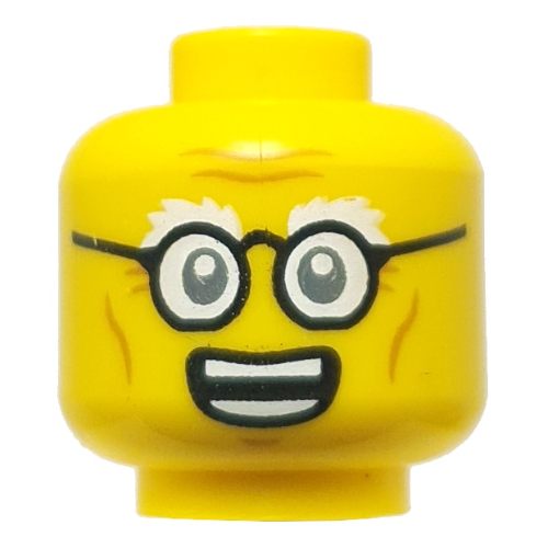 Minifig Head Dr. Julien, White Eyebrows, Black Glasses, Open Mouth Smile / Scared Yellow