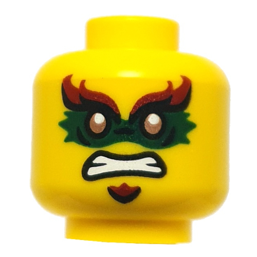 Minifig Head Acronix, Gold Eyes, Dark Green/Dark Red Eye Mask, Goatee, Smile/Angry Gelb