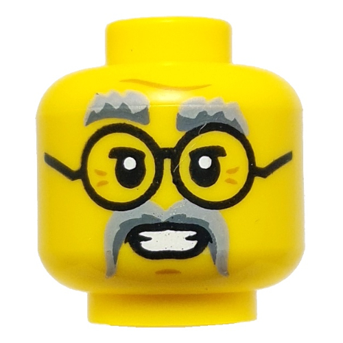 Minifig Head Dr. Saunders/Krux Light/Dark Bluish Grey Eyebrows, Moustache, Black Glasses / Dark Green/Dark Red Eye Mask, Thin Moustaches, Angry Yellow