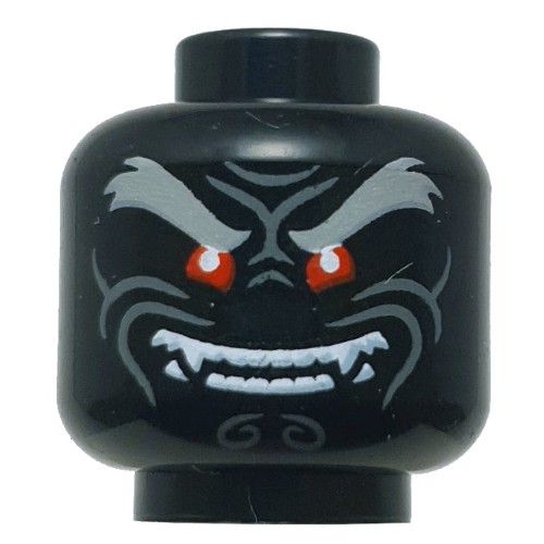 Minifig Head Garmadon, Thick Dark Bluish Grey Eyebrows, Wrinkles, Red Eyes, Mean Smile, Teeth / Frown Black
