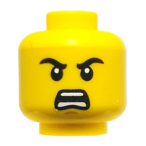 Minifig Head Young Wu, Black Eyebrows, Lopsided Smile / Angry Scream Gelb