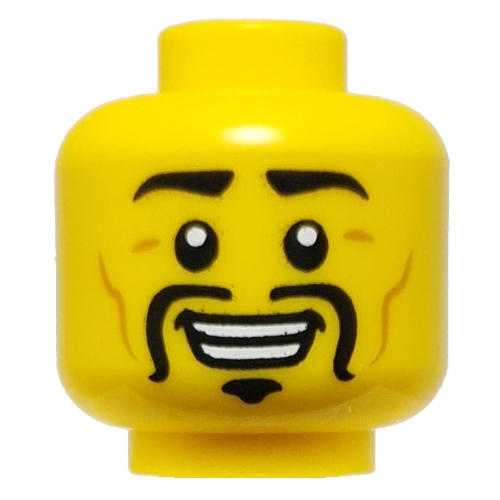 Minifig Head Ray, Black Eyebrows, Long Moustache, Goatee, Wrinkles, Smile / Angry Yellow