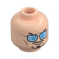 Minifig Head Tony Stark, Black Eyebrows, Moustache, Beard, Raised Eyebrow / Black Glasses with Bright Light Blue Lenses Hellnougat