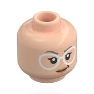 Minifig Head Stephanie "Stef" Steinbrenner, White Glasses, Dark Tan Eyebrows, Smirk / Bright Pink Bubble Gum Hellnougat