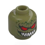 Minifig Head Killer Croc, Dark Green Scales, Red Eyes, Wide Mouth, Sharp White Teeth Olive Green