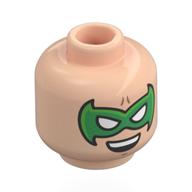 Minifig Head Robin, Green Mask, Open Mouth Smile / Angry Light Nougat