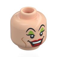 Minifig Head Cruella de Vil, Black Eyebrows, Lime Eyeshadow, Nougat Lines, Red Lips, Open Mouth Laugh / Angry Scowl Hellnougat